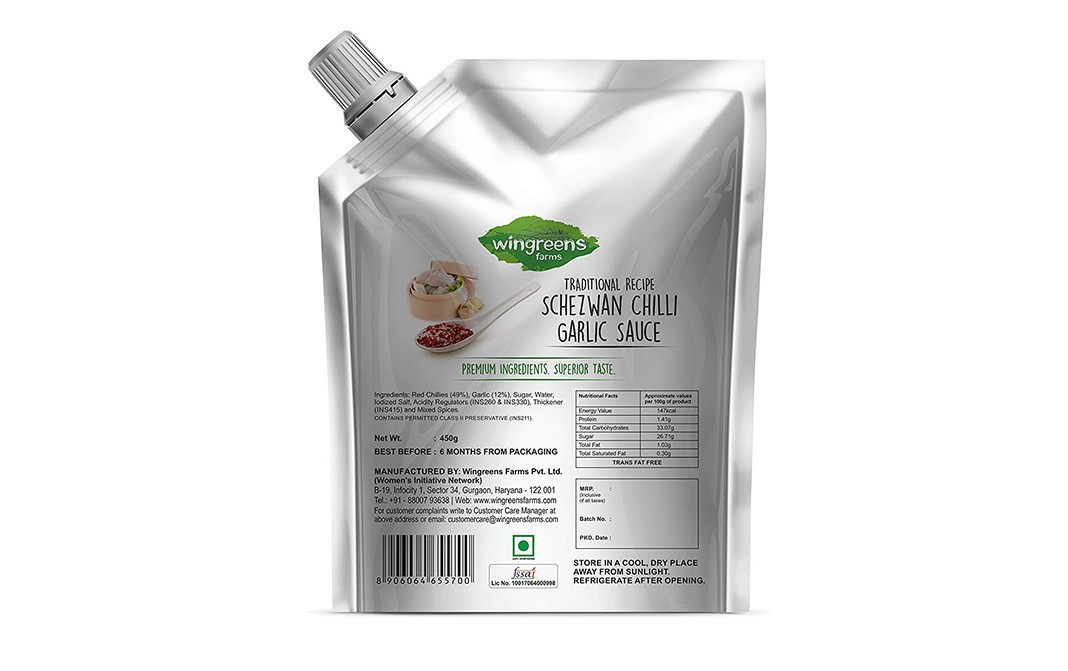 Wingreens Farms Schezwan Chilli Garlic Sauce   Pouch  450 grams
